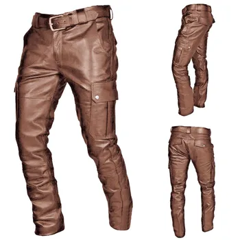 Мъжки ежедневни кожени панталони Мода мото байкър панталони хип-хоп улично облекло Y2K облекло мъжки мотоциклет панталон с товарен джоб