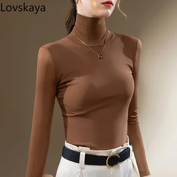Нов дамски стил дълъг ръкав модерен малка риза еластична вътрешна layup отгоре висока яка окото дъното риза за жени