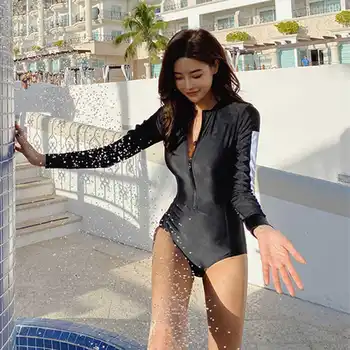 Корейският нов секси тънък слънцезащитен крем с дълъг ръкав моден цип покритие корем консервативен сиамски дамски бански водолазен костюм