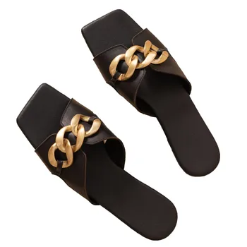 Специална оферта Дамски чехли с плоско дъно квадратни пръсти, метална кръгла верига декорация тенденция, Дамски
