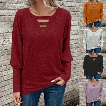 тениска за женска есен нова куха v-образно деколте плътен цвят случайни дълъг ръкав жените блуза