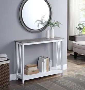  Бяло & Затруднено сиво горно покритие 2-Tier X-Design Случайна конзолна диванна маса с рафт Bookshelf Вход коридор от ( Fil