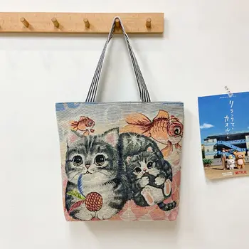 Бродерия етнически стил чанта модерен куче платно сладък котка плат чанта чанта рамо чанти животински рамо чанта