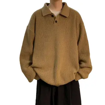 Мъжки пуловер мъжки хлабав годни пуловер с ревера бутони дълъг ръкав трикотаж за есента зима плътен цвят топло плета отгоре студено