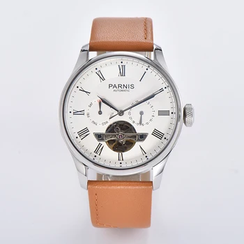 Casual Parnis 42.6mm сребърен калъф мъже автоматичен часовник кожена каишка седмица дисплей Tourbillon механични мъжки часовници reloj hombre