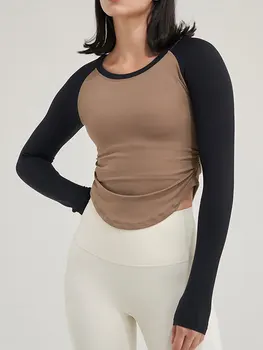INLUMINE странични плисета контрастен цвят спортна риза йога топ дълъг ръкав тениска жени фитнес тренировка pulovers фитнес бягане блузи