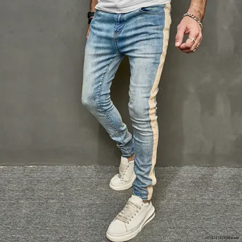 2023 Мъже пролет стилен пачуърк тънък молив дънки панталони мъжки streetwear плътен цвят ежедневни дънкови панталони