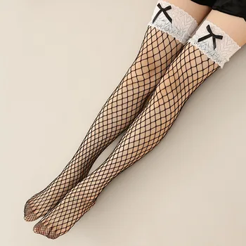 Горещи дамски чорапи секси дантела лък рибарска мрежа чорапи дълга тръба мрежа прежда чорапи коприна loli над на коляното чорапи жени