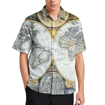 Карта на Земята Ваканционна риза Антична карта на света Летни ежедневни ризи Мъжки модни блузи Къс ръкав потребителски топ плюс размер 4XL