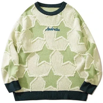 Реколта пет заострени звезда пуловер зимата ретро хип-хоп трикотаж трикотаж пуловер трикотажни streetwear 2023 извънгабаритни дрехи на любителите