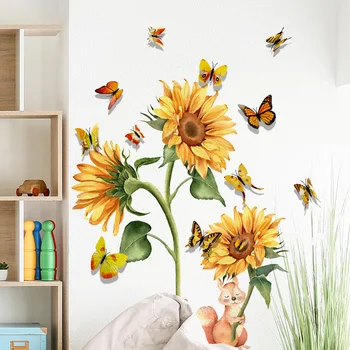Зелено растение, слънчоглед, пеперуда тапети, хол, спалня, декорация на стая, стикер за стена