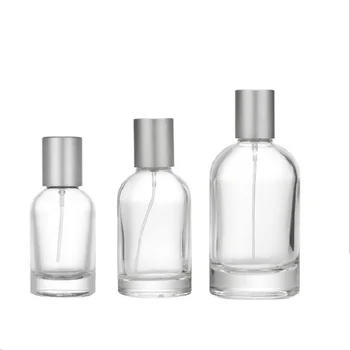  стъклен парфюм спрей бутилка 30ML 50ML100ML 10pcs кримпване помпа сив матово сребърен капак кръг ясно преносим празен козметичен пулверизатор