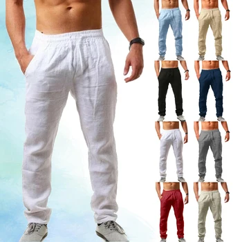 Мъжки нови модни ежедневни спортни панталони ластик памук и лен плътен цвят панталони