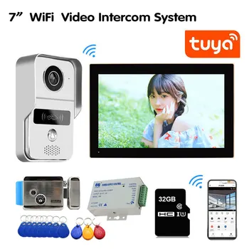 Tuya Wifi 7 инчов видео врата телефон домофонна входна система 1 монитор + 1 RFID достъп HD камера + електрически магнитен контрол на достъпа