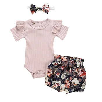 Новородено бебе момиче дрехи комплект лято плътен цвят къс ръкав гащеризон цвете шорти лента за глава 3бр облекло новородено бебе облекло