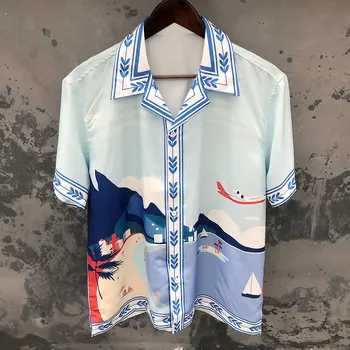 Summer Hip Hop Island Print плажни ризи Casual къс ръкав бутон надолу риза хавайски риза мъже Harajuku Camisas De Hombre
