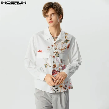 стилен небрежен стил върховете INCERUN красив мъжки цветен печат модел ризи улично облекло мъжки всички мач ревера копчета блуза S-5XL