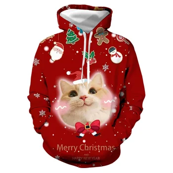 3D Весела Коледа котки снежен човек печат пуловер качулки за мъже деца смешно качулка качулка жени зимни сива врана суитчър отгоре