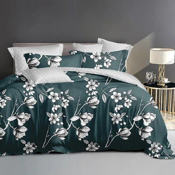 Цветя в тъмно зелен фон дизайн спално бельо комплект декоративни 3 парче пухени покритие с 2 възглавница Shams