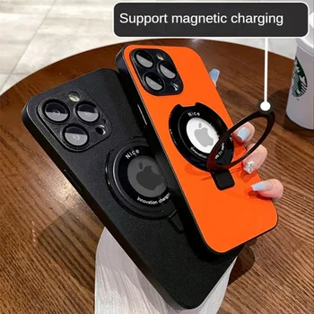 Луксозен калъф от естествена кожа Magsafe за IPhone 14 13 12 11 Pro Max магнитен държач стойка Lens протектор броня капак