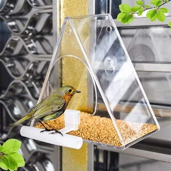 Window Bird Feeder Акрилен прозрачен изглед Къща за птици със смукателна чаша Висяща верига Контейнери за храна за птици за закрито на открито