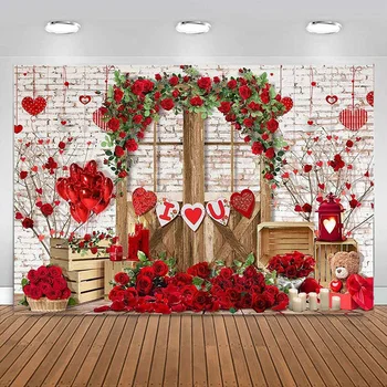 Свети Валентин Дърво врата фотография фон любов червена роза тухла стена парти декорации сватба булчински деца фон банер