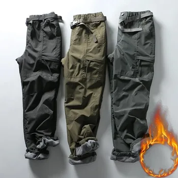 Мъжки инструментален панталон дебел водоустойчив руно карго панталони зимата открит мулти-джобове хлабав прав цялостната панталони SizeS-6XL
