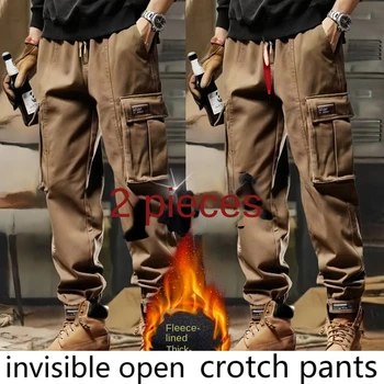 Невидими отворени панталони за чатала мъжки зимни карго панталони плюшени удебелени и гъвкави хлабави клинове излет запознанства от съществено значение