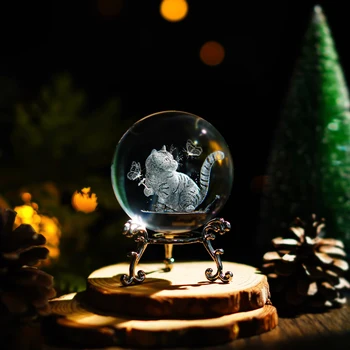 H&D 3D стъкло лазерно гравирана котка с пеперуди кристална топка декор със стойка кристал котка подаръци за любителите на котки жени деца