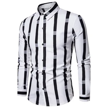 Мъжка тениска Черно и бяло райе отпечатани хлабав Топ лято случайни ревера дълъг ръкав бутон ол риза
