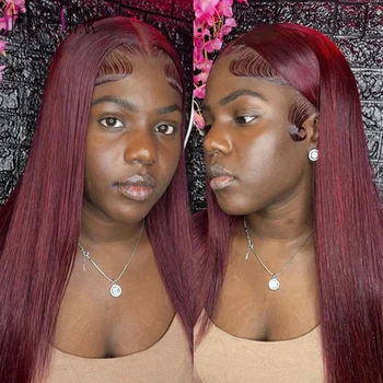 34 инча Бургундски права дантела предни перуки 99J червен цвят 13x6 прозрачен HD дантела фронтална човешка коса перуки за жени предварително оскубани