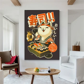 Ретро храна плакат кухня декор суши котка готвач Япония печат плакат реколта дома трапезария стена декор платно живопис