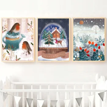 2024 Коледен подарък дърво катерица лисица елен сняг гора стена изкуство платно живопис плакати и отпечатъци стена снимки детска стая декор