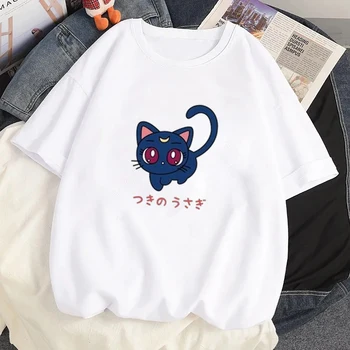 Смешно женско облекло Блузи с кръгло деколте Жена Сладка котка печат върхове Harajuku аниме дрехи за момичета Sailor Moon White T Shirt