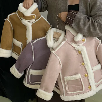 2-8Y Детски момичета мода руно палто сгъсти топло дълъг ръкав Поло една гърда зимни кадифени якета твърди детски връхни дрехи