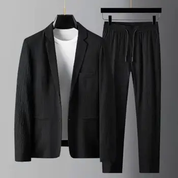 Мъжки ежедневни бизнес костюм костюм палто панталони комплект стилен мъжки раиран костюм комплект мека еластична талия палто панталони с плисиран за плюс
