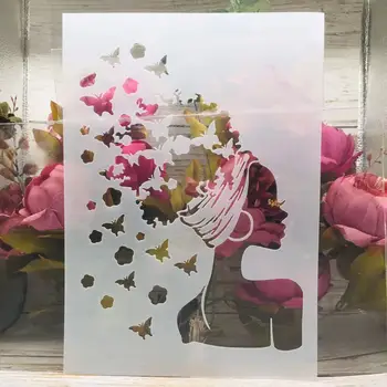 A4 29cm мода коса момиче пеперуди DIY наслояване шаблони стена живопис скрапбук оцветяване релеф албум декоративен шаблон
