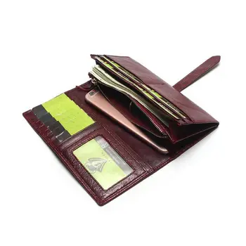 Жените естествена кожа реколта съединител портфейл дълго държач карта чантата за случай ръка