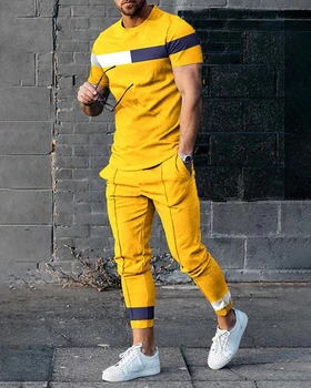 Summer спортно облекло костюм къс ръкав T риза дълги панталони мъже 2 парче комплекти мъже анцуг 3D отпечатани случайни тенденция извънгабаритни дрехи