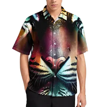 Каспийски тигрови блузи Мъж животински печат ежедневни ризи хавайски къс ръкав обичай реколта извънгабаритни ваканция риза подарък идея