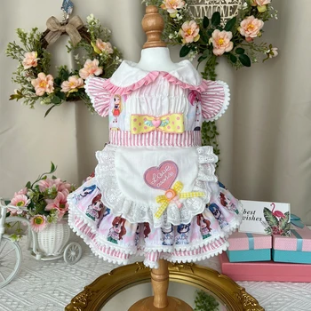корейски ръчно изработени Lolita домашни дрехи за кучета мода памук сладък печат лък принцеса рокли за малки средни куче пудел рокля лято