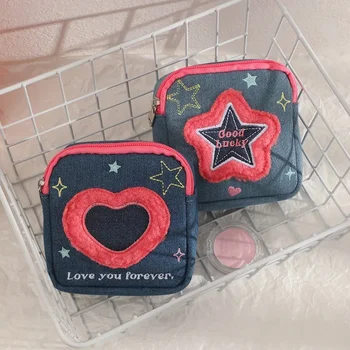 1 парче мини преносима монета чанта американски стил любов звезда слушалка чанта за съхранение Kawaii деним цвят квадратни санитарни салфетки чанти