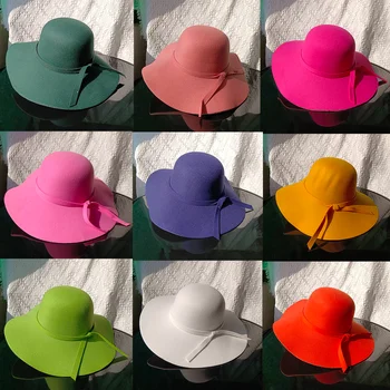 Есен и зима Дамски елегантен филц Fedora шапка купол широка периферия британски стил Fedoras филц шапка sombrero