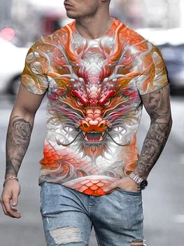 Мъжка мода 3D Dragon Print тениска, случайни леко разтеглива дишаща отгоре за открито лято