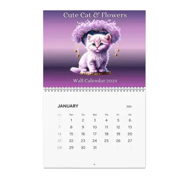 2024 Котешки календар Сладък календар на стената на котешкото цвете 2024 Котешки календар Месечен плановик Организатор със смешни месечни изображения на котки Стена
