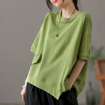95% памучни тениски жени корейски неправилен дизайн извънгабаритни тениска мода случайни хлабав къс ръкав върховете лятна тенденция тениска