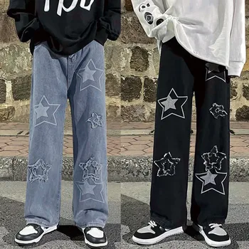 Звездни мъжки дънки Baggy корейски широк крак изтръгнат дънкови панталони хип-хоп улично облекло реколта 2000s хлабав панталони разкъсан Y2K дънки за мъже