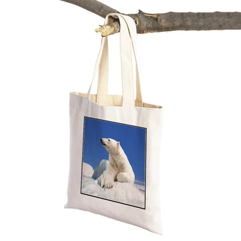 Casual Brave Polar Bear Women Canvas Shopper Bag Travel Tote Handbag Wild Animal Canvas Foldable Reusable Lady Shopping Bag