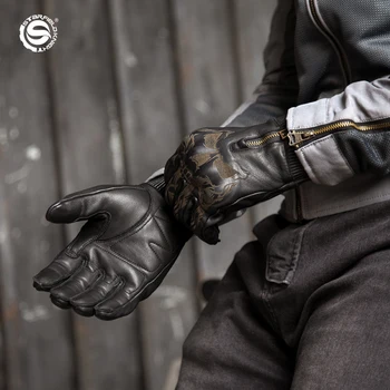 SFK Истинска кожа Козя кожа Ретро мотоциклетни ръкавици Пълен пръст сензорен екран Защита на кокалчетата Състезателна езда Мъже Мотоциклет Gear