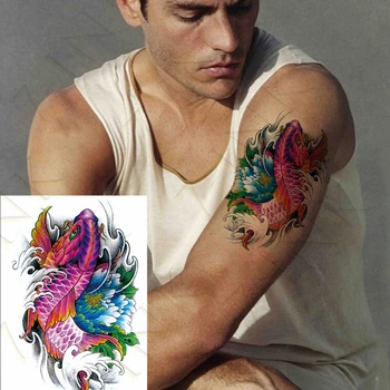 Временни стикери за татуировки Цвете Риба Лилав шаран син божур изкуство водоустойчив трансфер Tatto фалшив флаш Tatoo за жени мъже